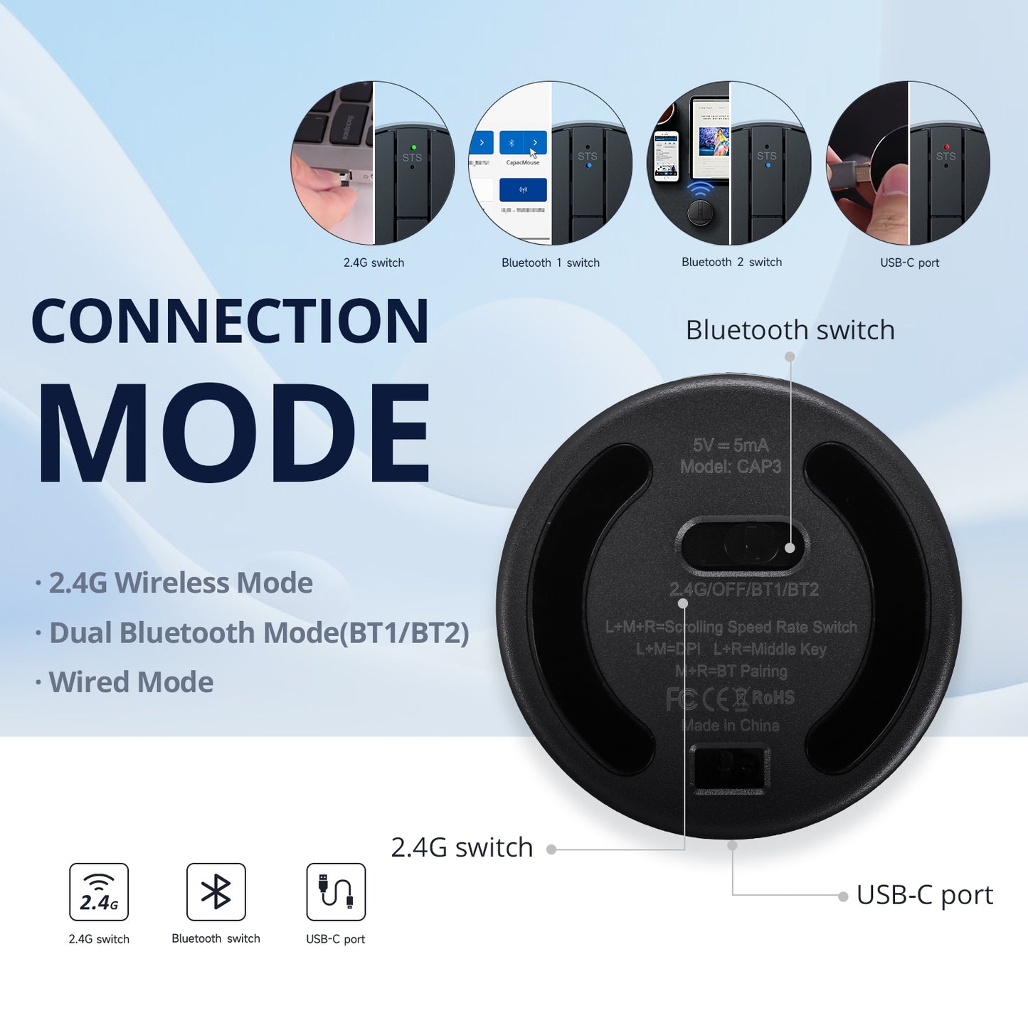 Sleek Mini Round Mouse with Pressure Sensing Scroll,Ultra-Portable Wireless, 4-in-1 Connectivity, Black